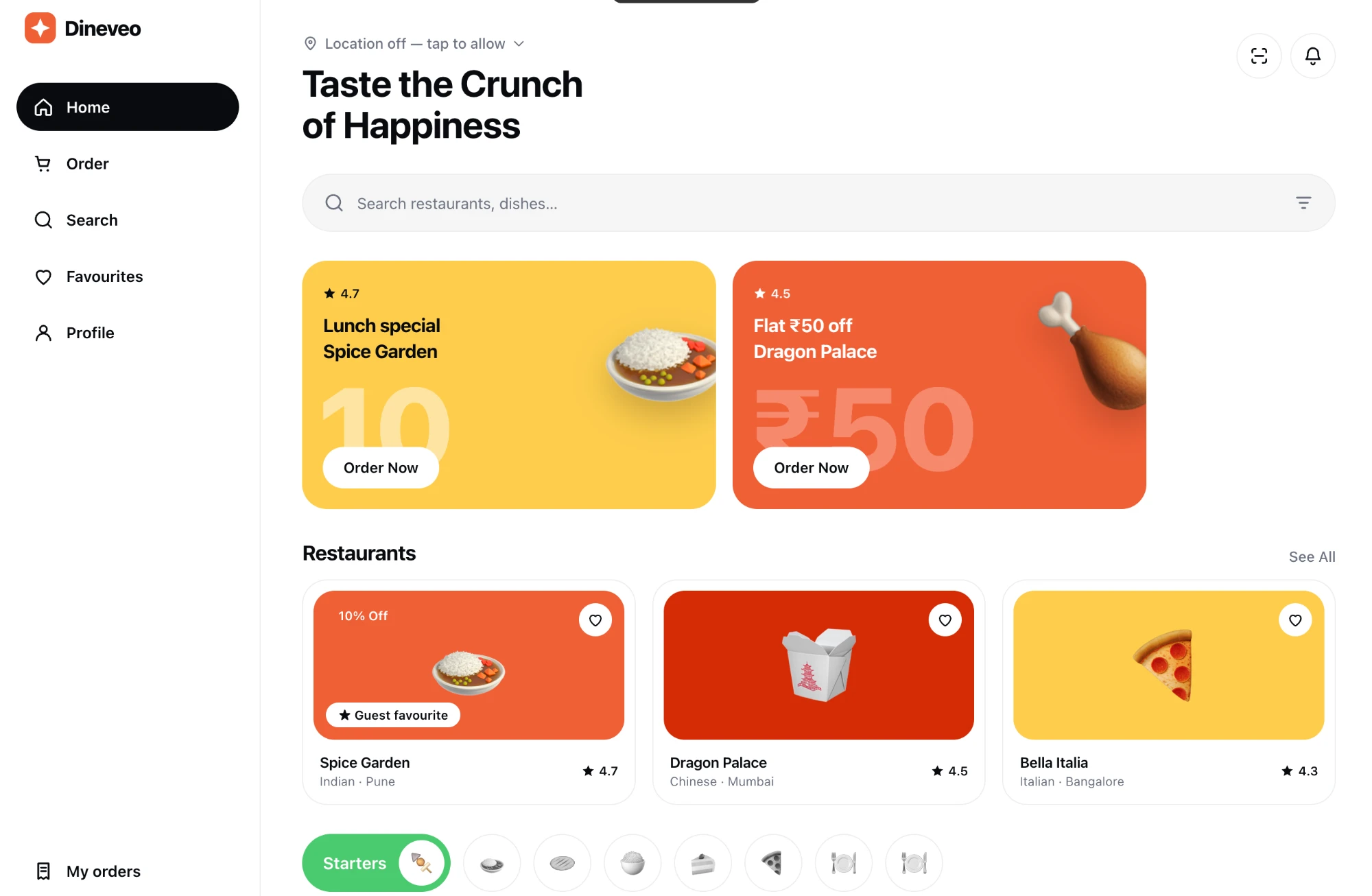 Dineveo customer app home screen with offers and restaurants