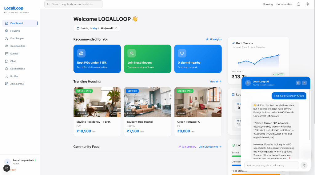 LocalLoop dashboard with housing recommendations and chatbot