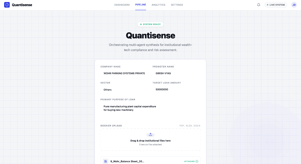 Quantisense credit appraisal pipeline screen